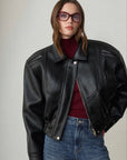 Rene Biker Padded Pocket Detailed Leather Jacket - Black