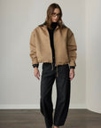 Martha Knit Leather Trimmed Bomber Jacket - Beige