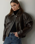 Rene Biker Padded Pocket Detailed Leather Jacket - Dark Brown