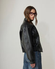 Rene Biker Padded Pocket Detailed Leather Jacket - Black