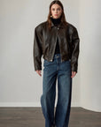 Rene Biker Padded Pocket Detailed Leather Jacket - Dark Brown