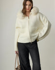 Audrey Hooded Original Fox Fur Wool Cardigan - Ecru