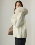 Audrey Hooded Original Fox Fur Wool Cardigan - Ecru