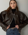Rene Biker Padded Pocket Detailed Leather Jacket - Dark Brown