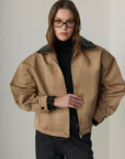 Martha Knit Leather Trimmed Bomber Jacket - Beige