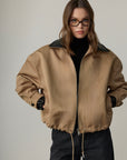 Martha Knit Leather Trimmed Bomber Jacket - Beige
