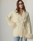 Viola Fox Fur Tied Cardigan - Ecru