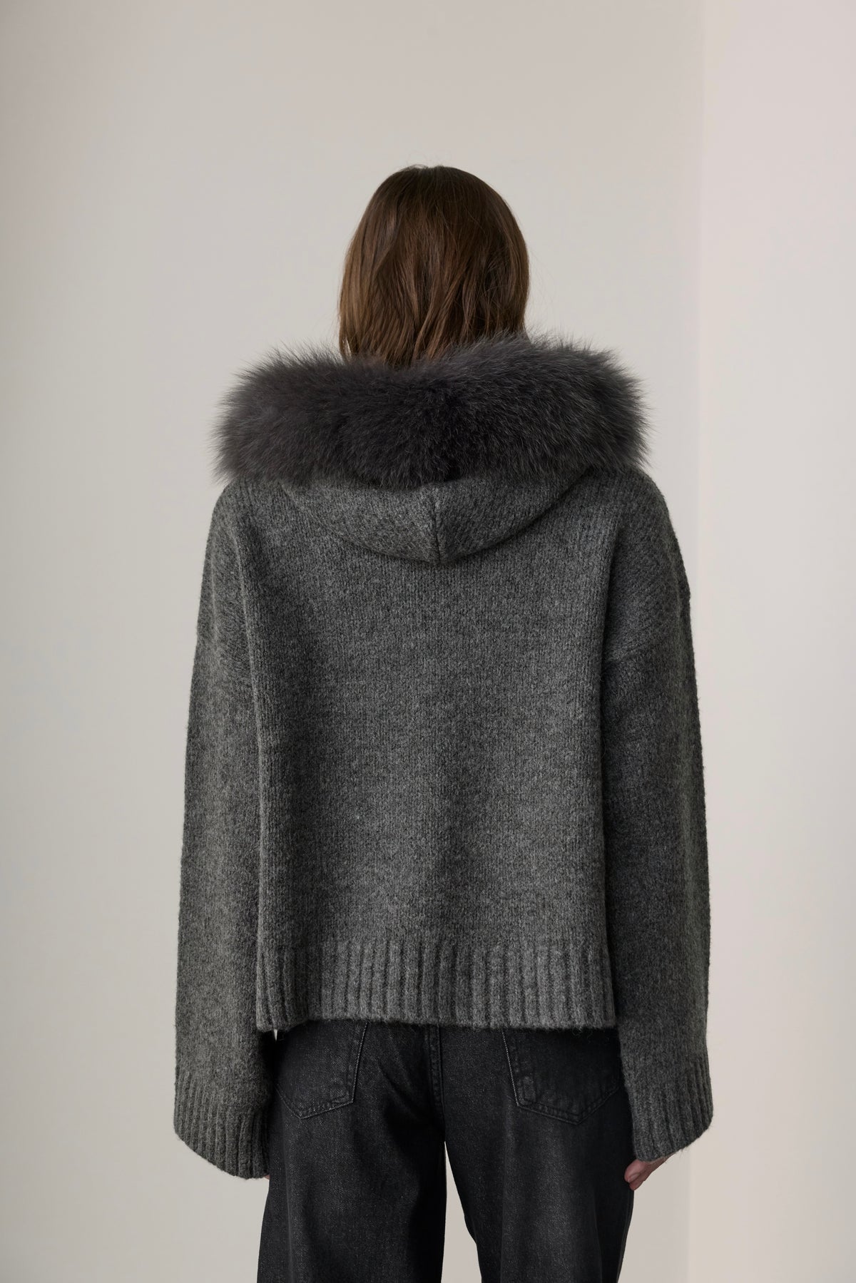 Audrey Hooded Original Fox Fur Wool Cardigan - Anthracite