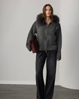 Audrey Hooded Original Fox Fur Wool Cardigan - Anthracite