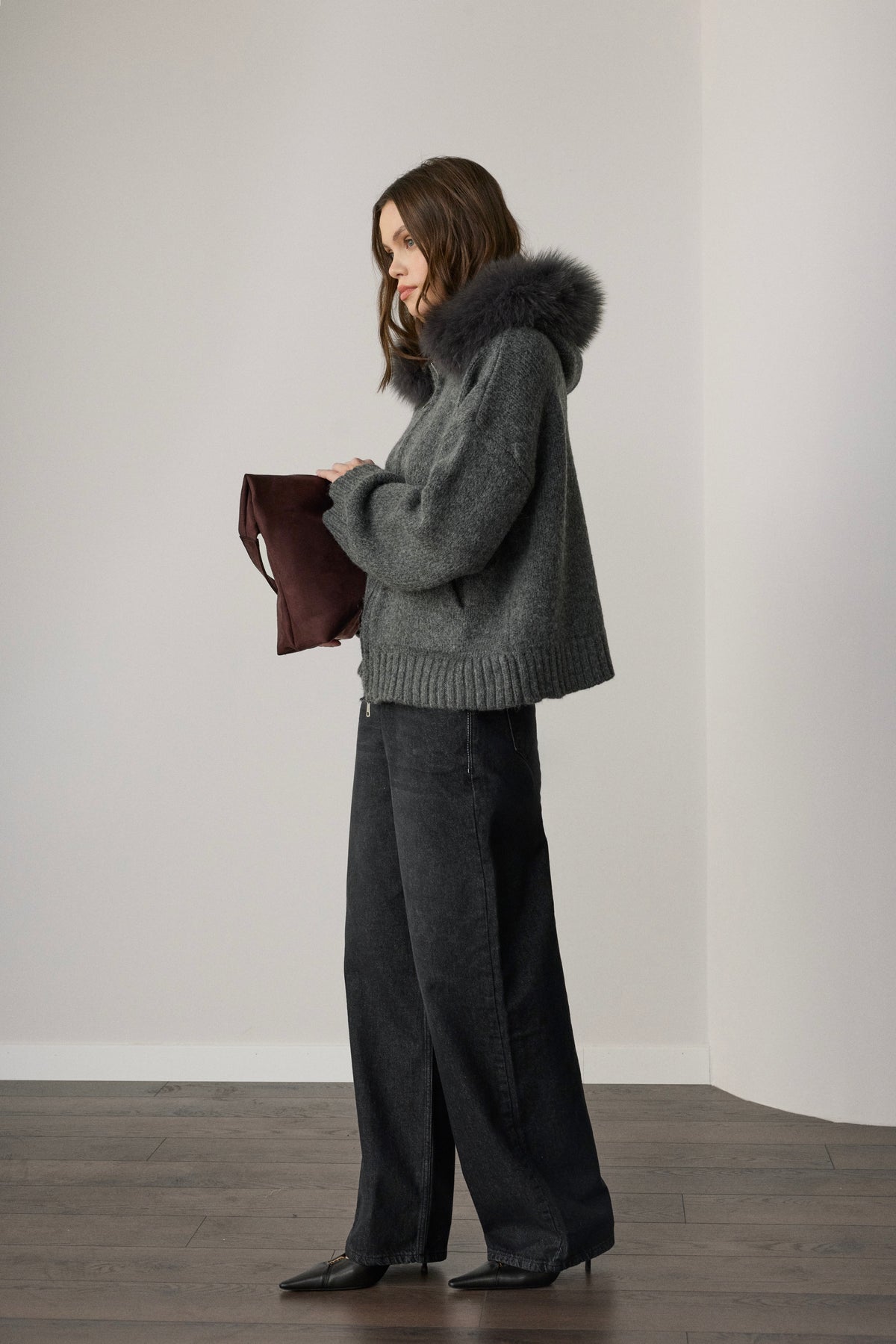 Audrey Hooded Original Fox Fur Wool Cardigan - Anthracite