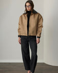 Martha Knit Leather Trimmed Bomber Jacket - Beige
