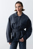 Bianca Vegan Deri Ceket-Navy - LE PORTRÉ