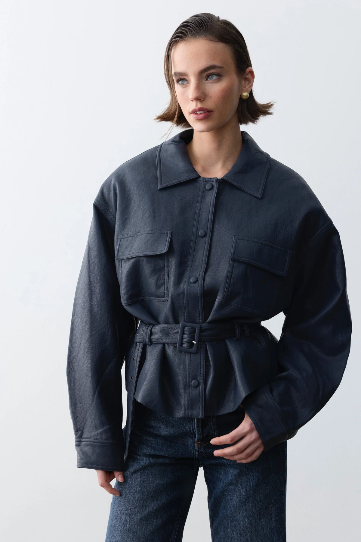 Bianca Vegan Deri Ceket-Navy - LE PORTRÉ