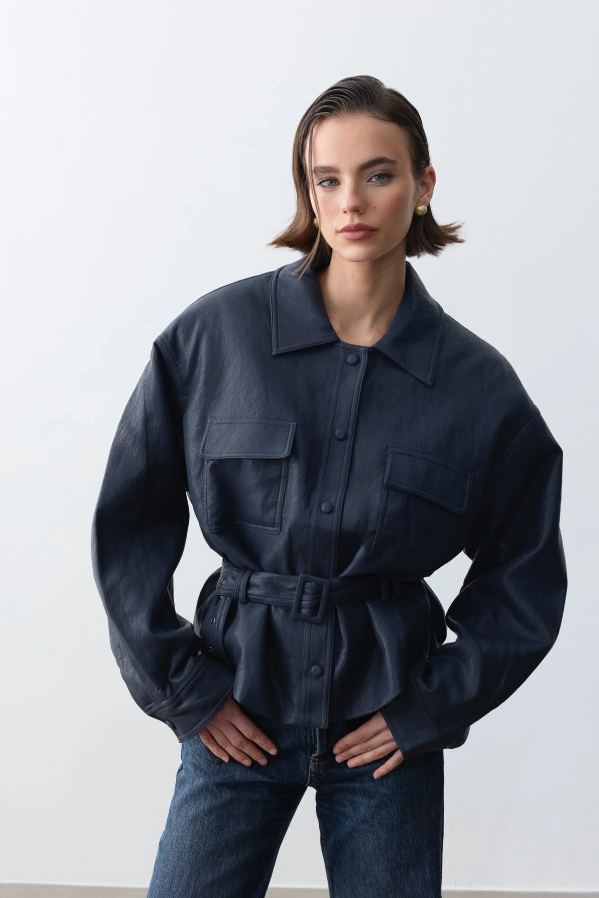 Bianca Vegan Deri Ceket-Navy - LE PORTRÉ