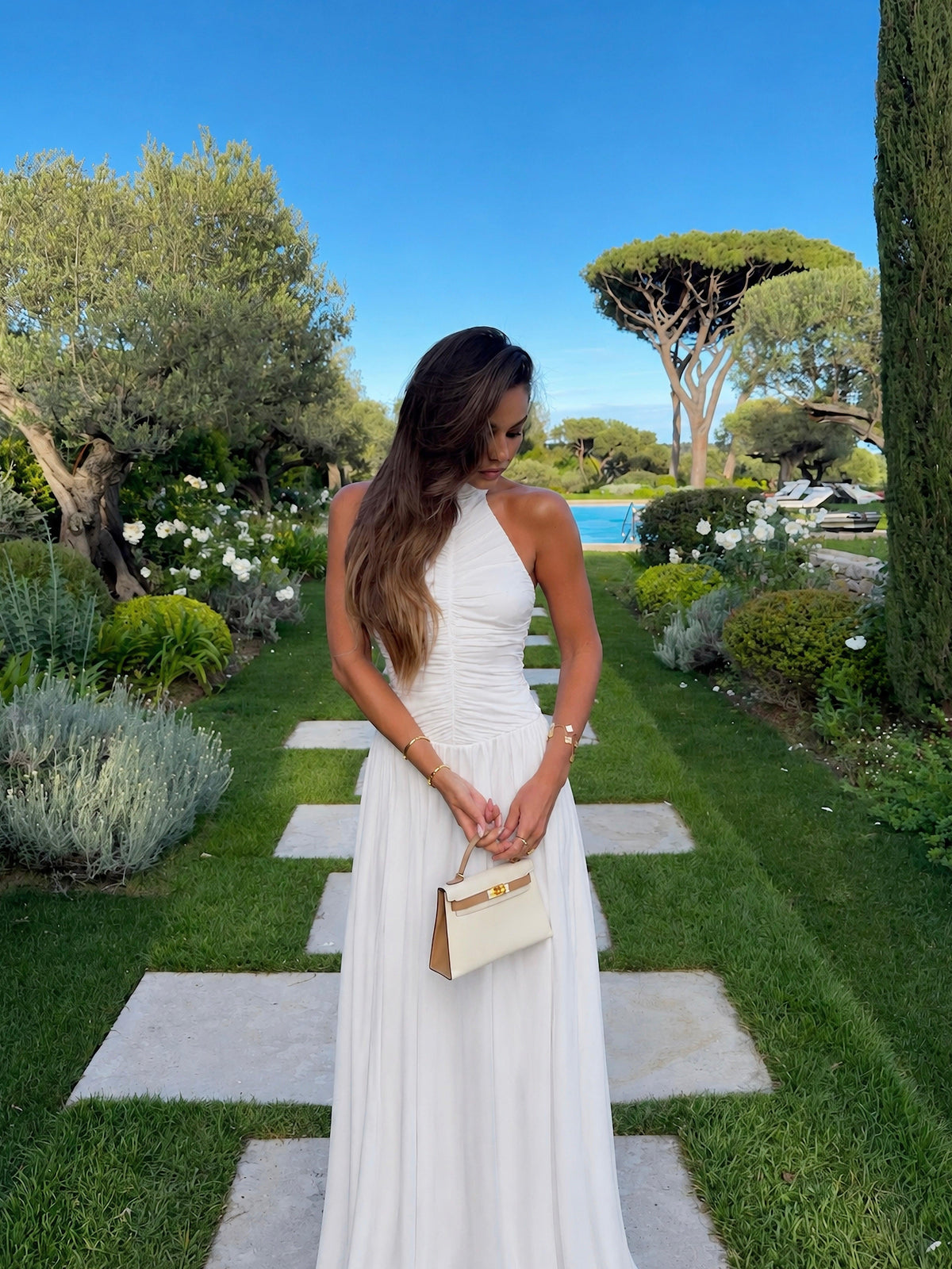 Serena Büzgülü Maxi Elbise - Beyaz - LE PORTRÉ