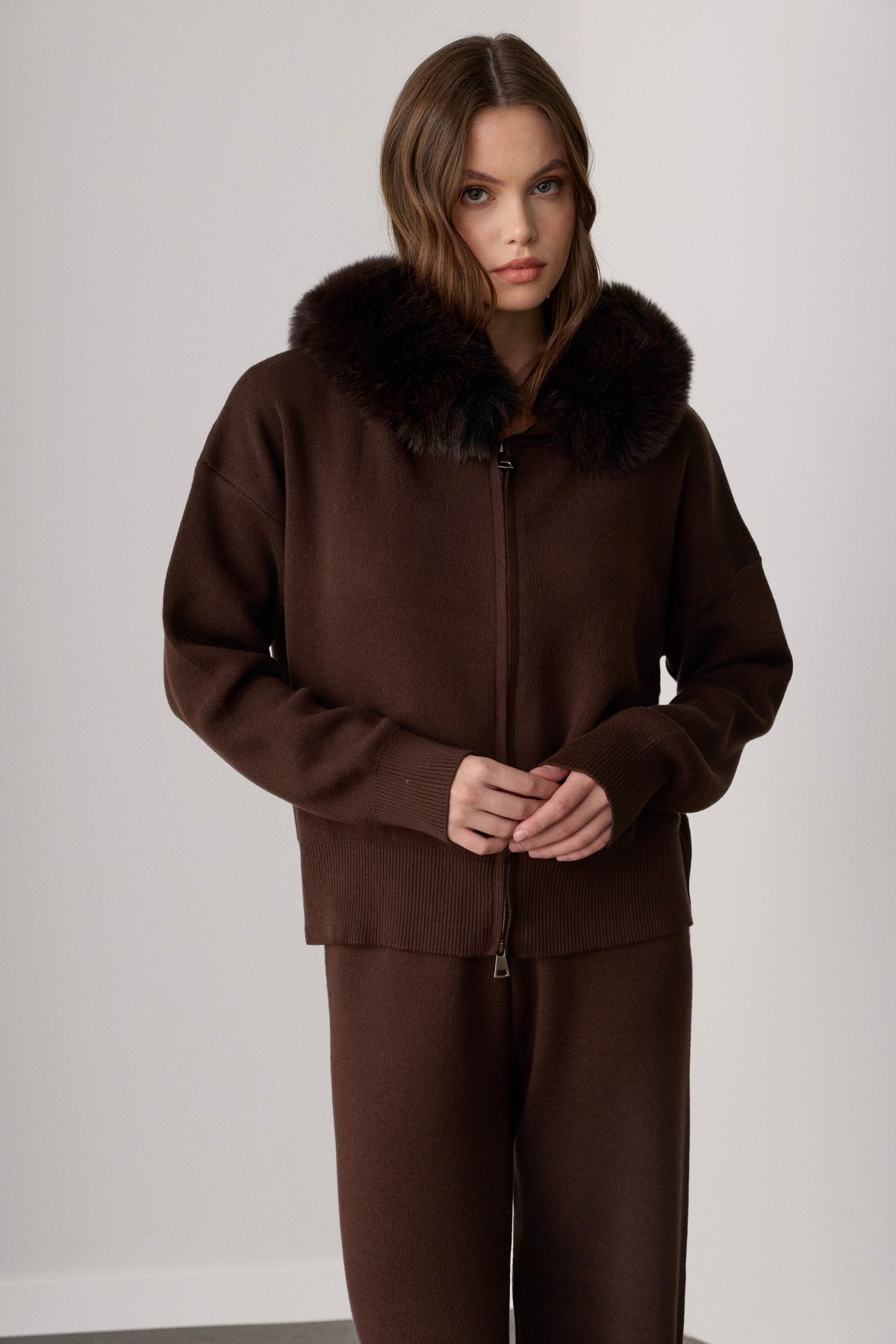 Laura Fox Fur-Trimmed Cashmere Knit Set - Dark Brown