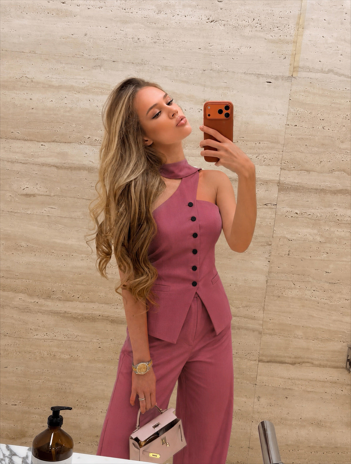 Daria Asimetrik Yaka Pantolon Takım - Pembe - LE PORTRÉ