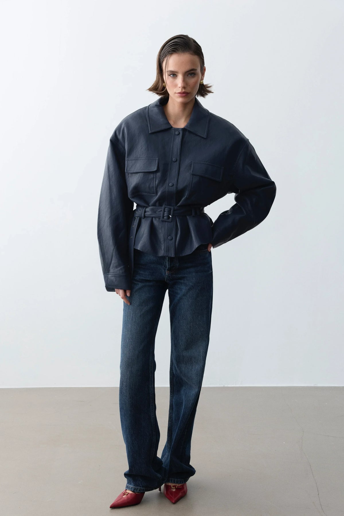 Bianca Vegan Deri Ceket-Navy - LE PORTRÉ