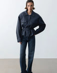 Bianca Vegan Deri Ceket-Navy - LE PORTRÉ
