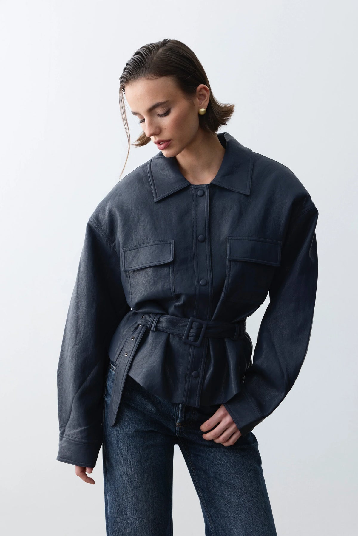 Bianca Vegan Deri Ceket-Navy - LE PORTRÉ