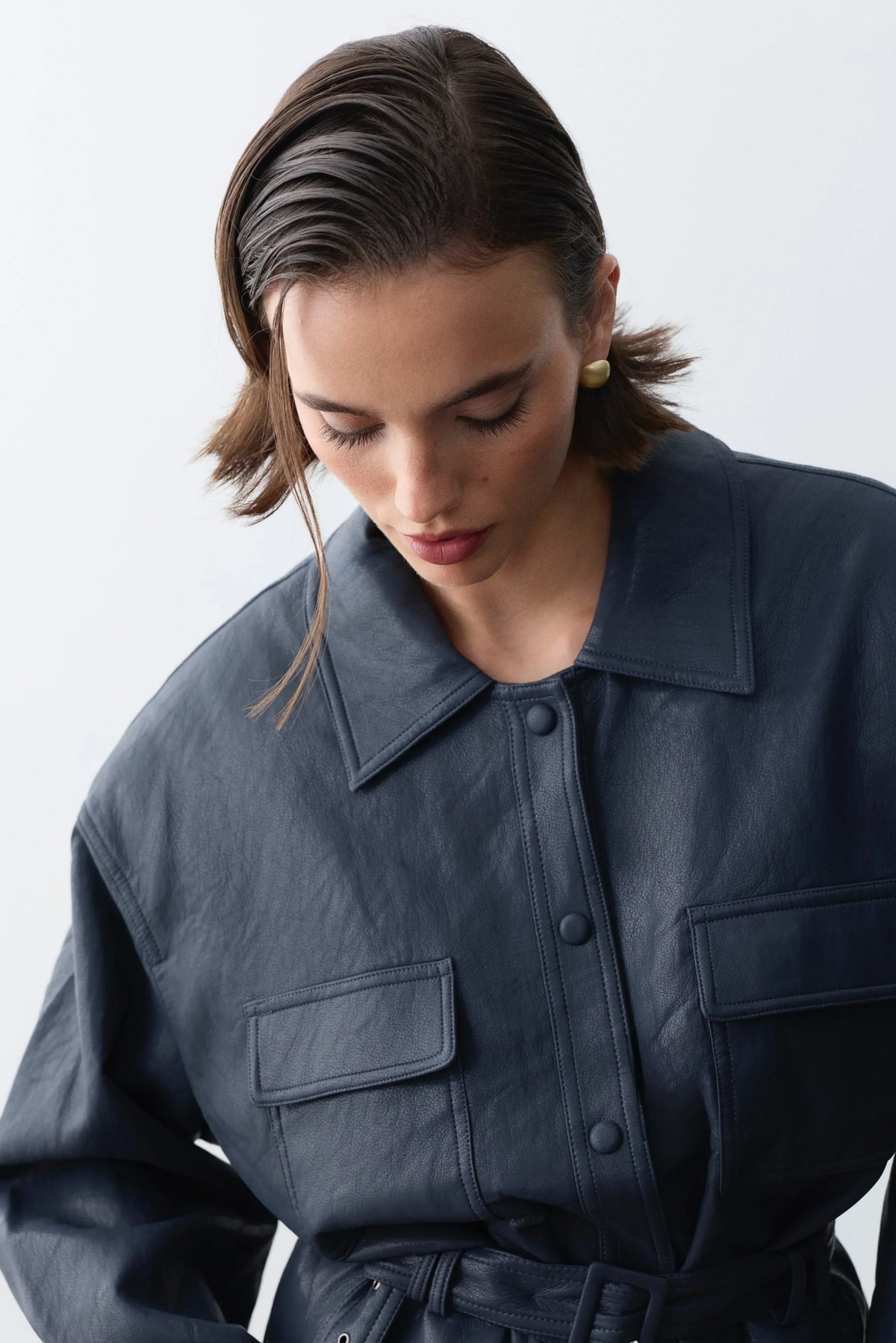 Bianca Vegan Deri Ceket-Navy - LE PORTRÉ