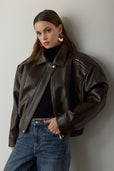 Rene Biker Padded Pocket Detailed Leather Jacket - Dark Brown