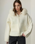 Audrey Hooded Original Fox Fur Wool Cardigan - Ecru