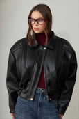 Rene Biker Padded Pocket Detailed Leather Jacket - Black