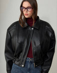 Rene Biker Padded Pocket Detailed Leather Jacket - Black