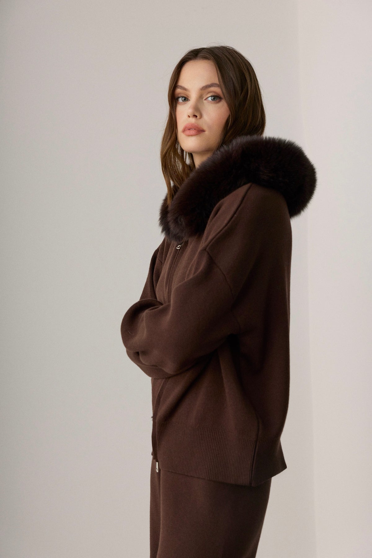 Laura Fox Fur-Trimmed Cashmere Knit Set - Dark Brown