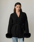 Viola Fox Fur Tied Cardigan - Black