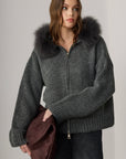 Audrey Hooded Original Fox Fur Wool Cardigan - Anthracite