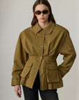 Elen Waist-Accented Pocket Detailed Padded Jacket - Olive