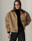 Martha Knit Leather Trimmed Bomber Jacket - Beige