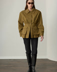 Elen Waist-Accented Pocket Detailed Padded Jacket - Olive