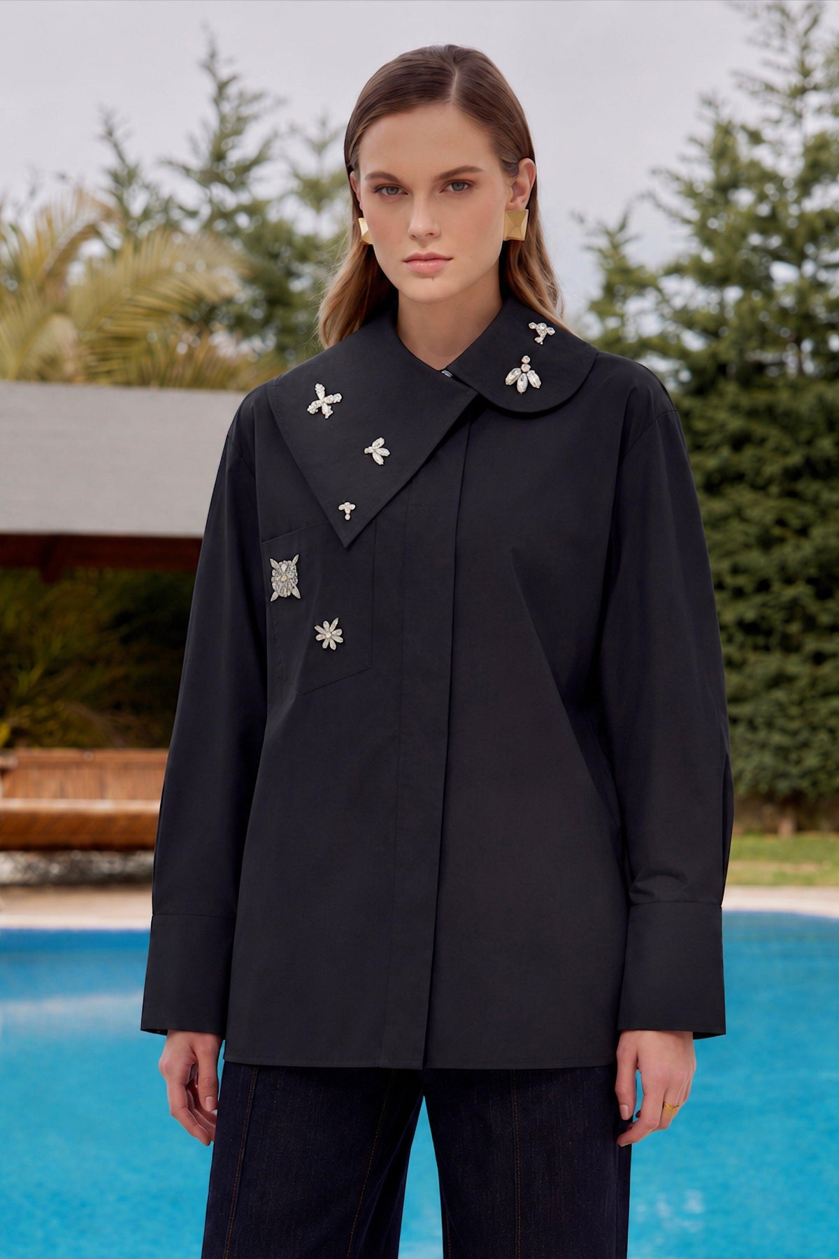 Taş Detaylı Poplin Tunik- Siyah - LE PORTRÉ