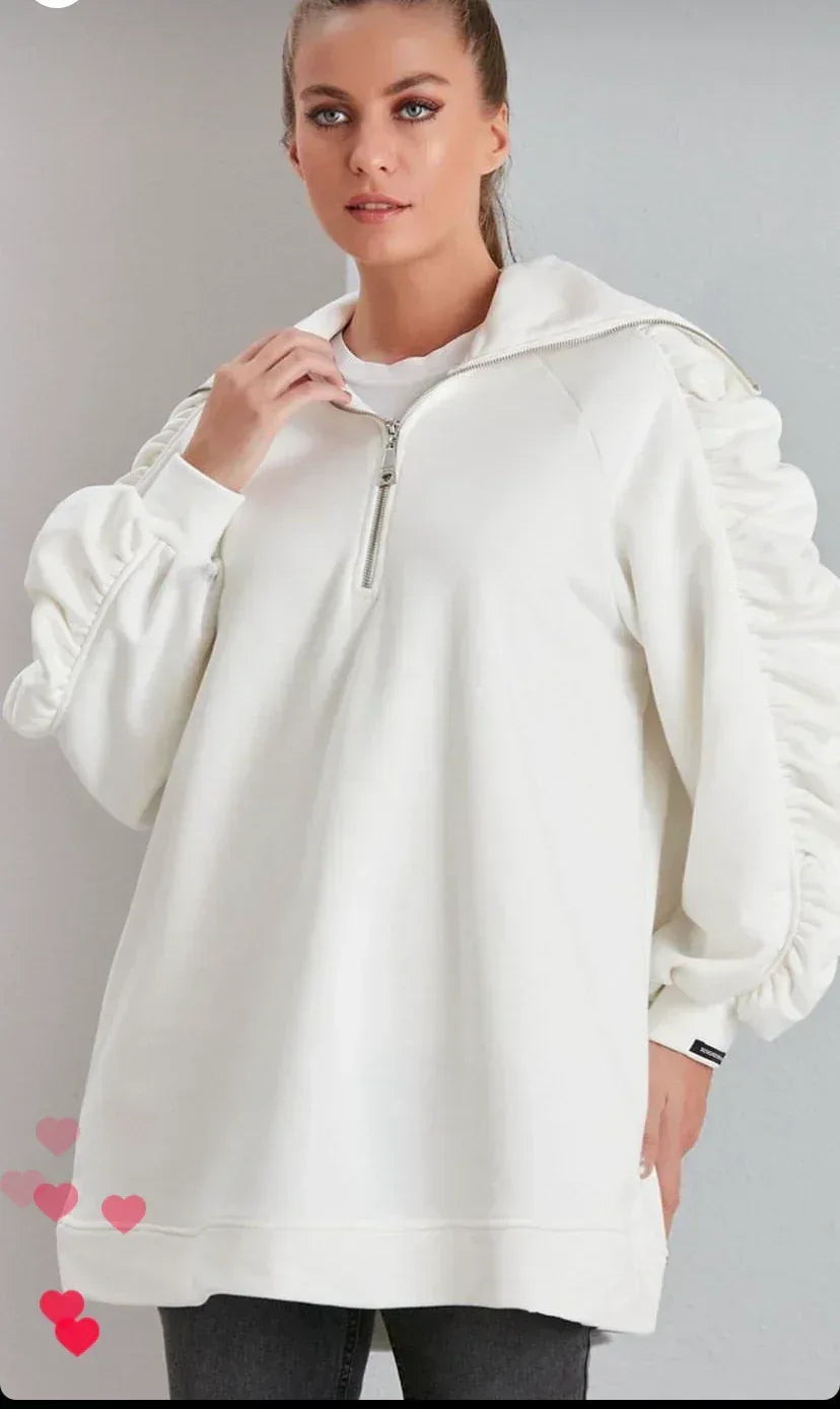 Büzgülü Fermuarli Sweatshirt - Ekru - LE PORTRÉ